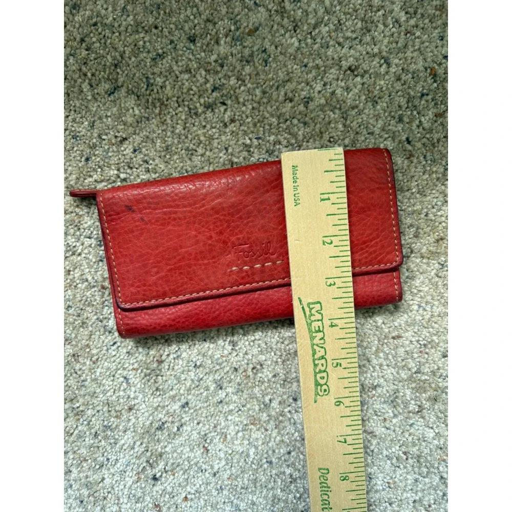 Fossil Womens Trifold Wallet Red Pebbled Genuine Leather Vintage Boho Classic